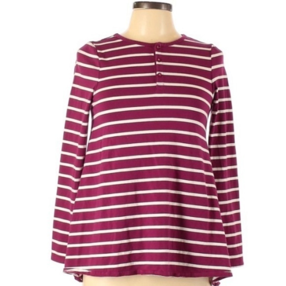 Lands’ End L raspberry pink/white stripe buttoned A line long sleeve top - Picture 6 of 6